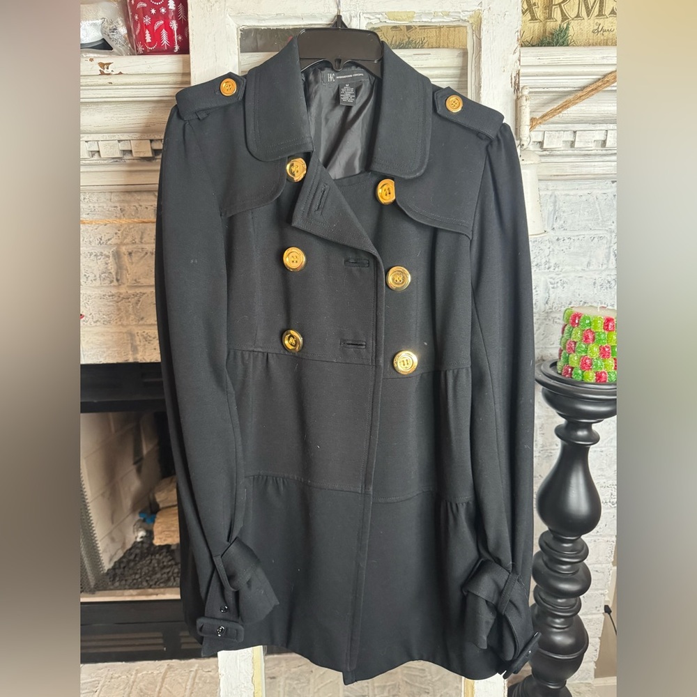 INC International Concepts Black Trench Coat with Gold Buttons - Picture 2 of 7